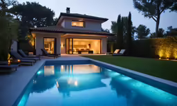 an illuminated modern house in the evening
