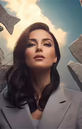 a woman is standing in front of stone structures