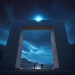two people standing inside of a large arch with the night sky in the background