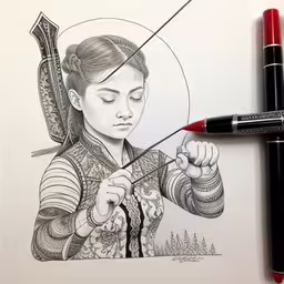 a drawing of a woman holding an umbrella,a girl is holding an umbrella and drawing on paper,a pencil drawing of a woman holding an umbrella,an ink drawing of a woman with an umbrella,the pencil drawing shows a woman knitting a scarf and holding an umbrella