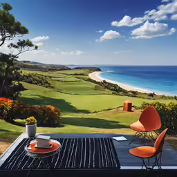 two orange chairs on an outdoor rug overlooking the ocean