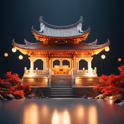 a chinese style structure with lanterns lit up in the sky