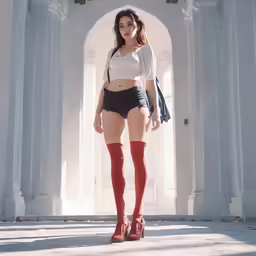 a woman in short shorts and stockings walking past archways