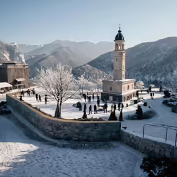 a small clock tower with two towers stands over the snow covered ground