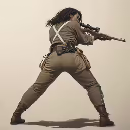 woman in action pose with rifle in hand