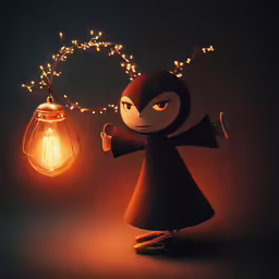 an animated doll is pointing to a glowing light bulb