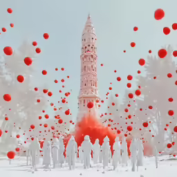 a large building with many red balls around it