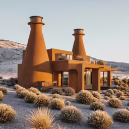 a small brown adobe house in the desert