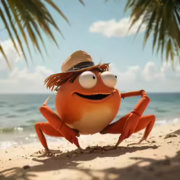 the crab on the beach wears a straw hat