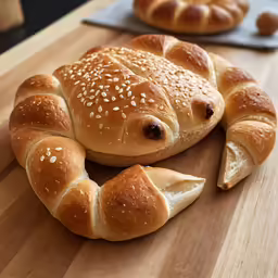 a bread with a face is on top of a wooden table