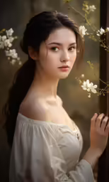 a woman poses in front of a tree with white flowers