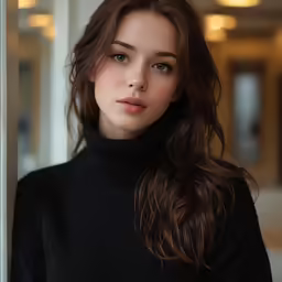 the woman is standing near the window with her long dark hair