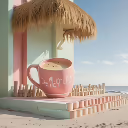 cup of coffee sitting on the beach near a tiki hut