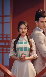 the young couple is wearing dress and a hat