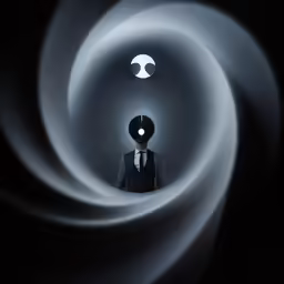 the man is wearing a suit and standing behind a large white circle