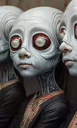 the group of humanoids are wearing white and black with red eyes