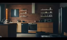 there is a kitchen with some shelves above the sink