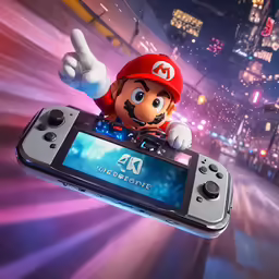 a wii game player holding an electronic device in front of a city