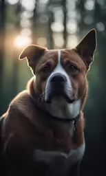 a close up of a dog near some trees