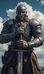 a man in armor holds a sword