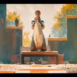 young girl standing at end of wooden bench in scene with smoke and trees