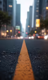 the yellow line of a street between buildings in a city