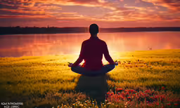 woman doing meditation on grass overlooking a lake and clouds,a woman meditating in the middle of a green field by the water at sunset