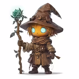 a character wearing an orange witches hat, holding a green sprig