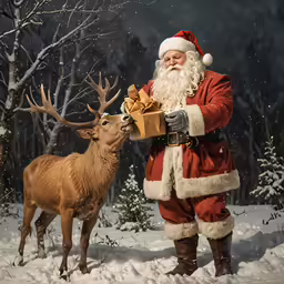 a man in santa claus outfit standing next to a deer