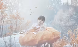 woman wrapped in orange blanket surrounded by woods