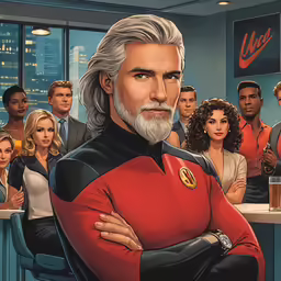 an older person standing with his arms folded, surrounded by people sitting in a bar