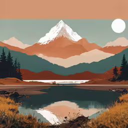 an art print featuring the mountain scene with lake and grass,an illustration of a mountain lake and snow - capped peaks with some yellow grass on the ground