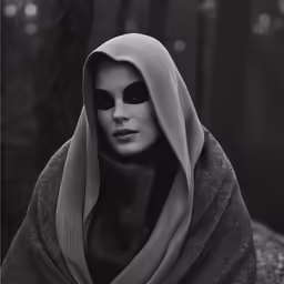 a young person wearing a hooded costume in a dark forest