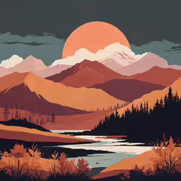 a view of mountains with trees and water near a hill,a landscape of mountains, trees and a lake
