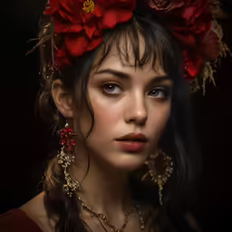 a painting of a woman with flowers on her head