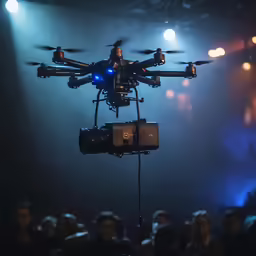 a blue camera mounted to the handle of a camera and flying