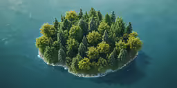 an aerial shot of the water and trees in a small island