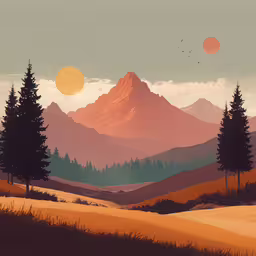 the mountains have pine trees on them,a landscape depicting pine trees in the distance