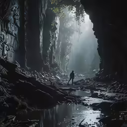 a man standing in a cave looking into the water