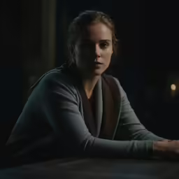 a person sitting down and staring into the camera