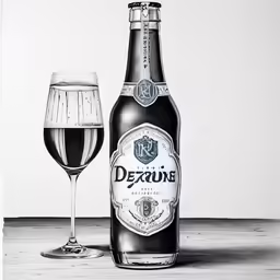 a bottle of dewnoot and a glass of wine