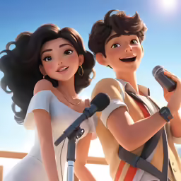 the two woman are holding a microphone while standing next to each other