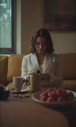 a woman sitting at a table using a phone and cup