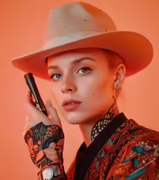 a woman wearing a white hat holding a phone