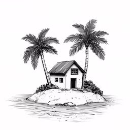 a drawing of the island with a house and three trees