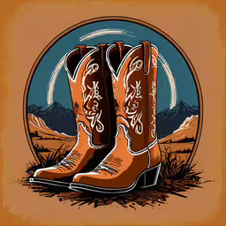 cowboy boots in the middle of a desert,an illustration of cowboy boots with mountains in the background