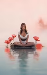 a woman is sitting in the water and meditating