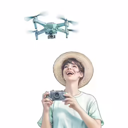 a boy in hat with camera near a flying hovering object
