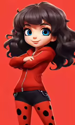 an anime girl wearing red with a black and white polka dot pattern
