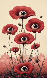 three red flowers with eyeballs on them
